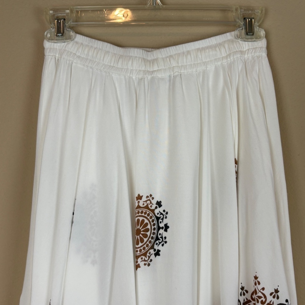 LA Fille Ivory/Black/Brown Boho Flowy Midi Skirt w/ Front Waist Tie; Size 30 (M) - Picture 6 of 7